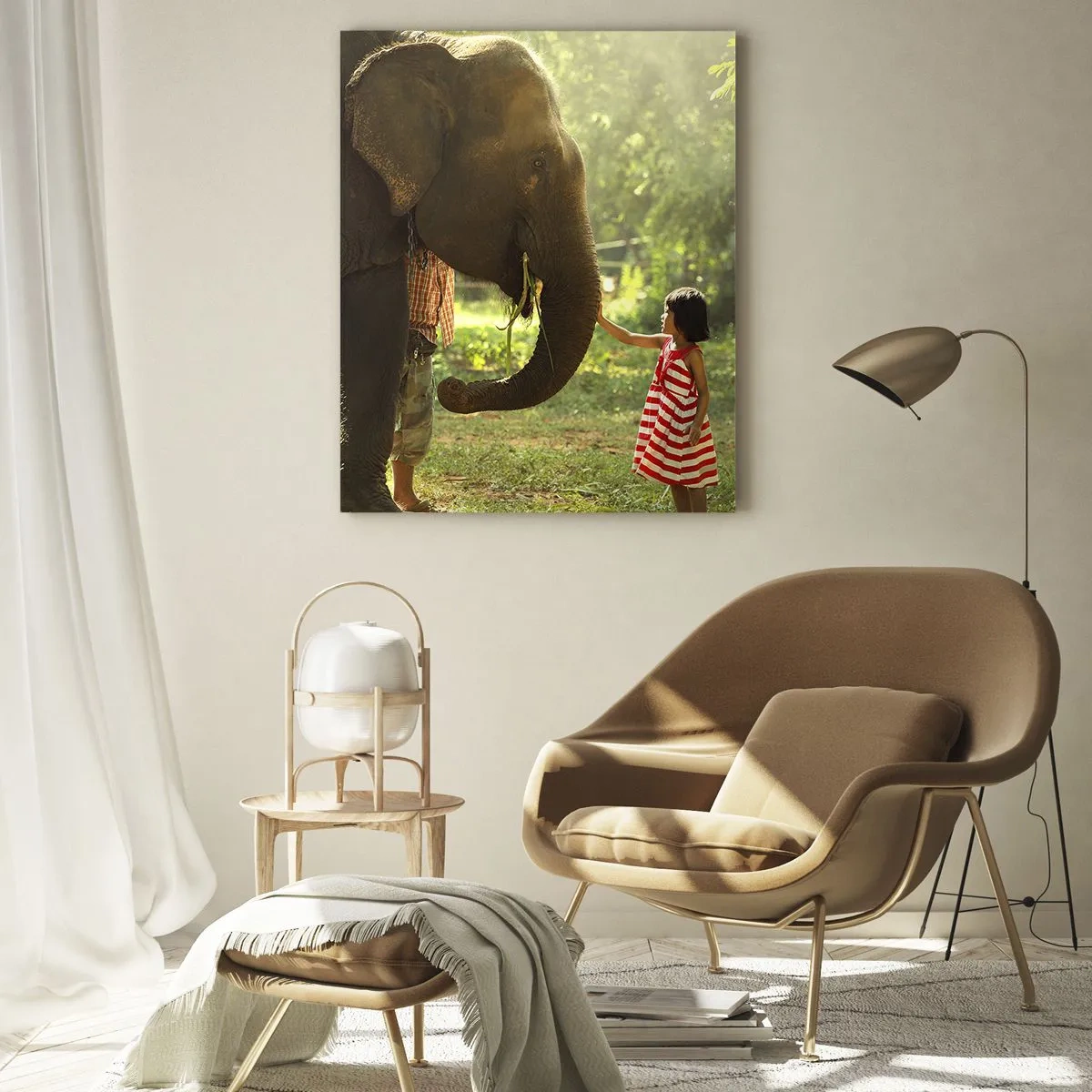 Obraz na szkle - Dziewczynka w czerwonej sukience dotykająca słonia w lesie - 80x120cm - Siła przyjaźni - Nowoczesna dekoracja ścienna do salonu i sypialni ARTTOR