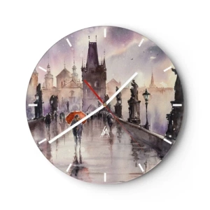 Zegar ścienny - Romantyczna scena na moście w deszczu z pomarańczowym parasolem - 30x30cm - Ludzie się nie zmieniają - Nowoczesna dekoracja ścienna do salonu, kuchni i sypialni ARTTOR