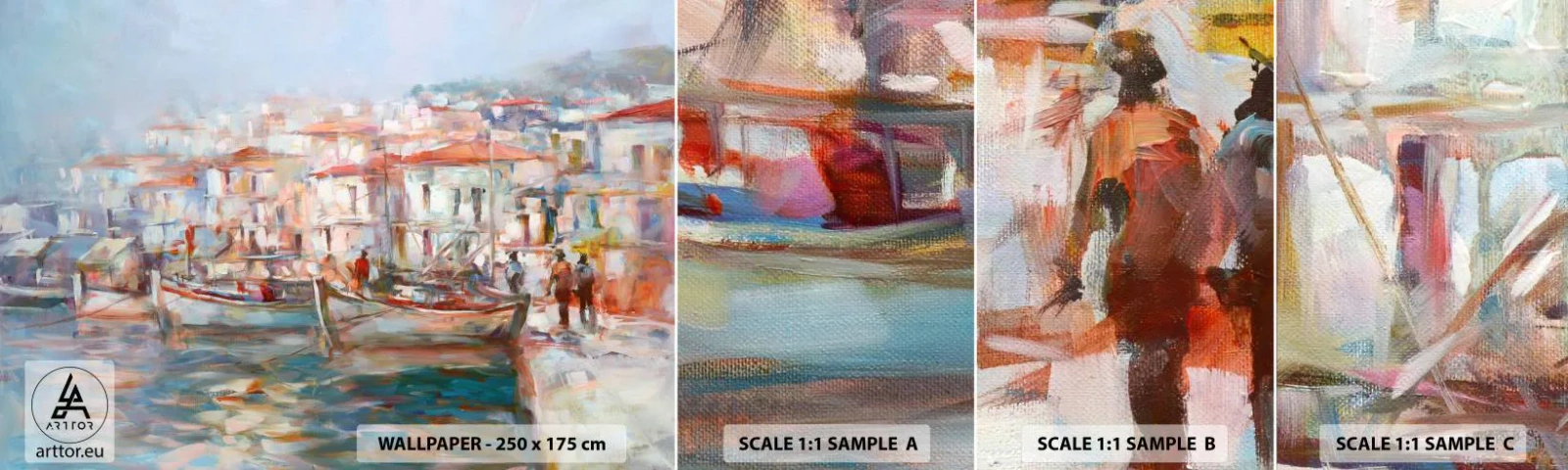 Fototapeta Próbka Samoprzylepna Deluxe Sticker - Pastelowe wakacje - Miasto Portowe, Architektura, Łódź Rybacka - 100x30 cm