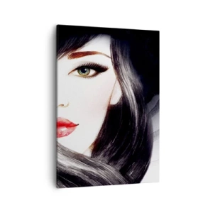 Obraz na płótnie - Portret kobiety z intensywnie niebieskim okiem i czerwonymi ustami w artystycznym stylu - 50x70cm - Szafirowe spojrzenie - Nowoczesna dekoracja ścienna do salonu, kuchni i sypialni ARTTOR
