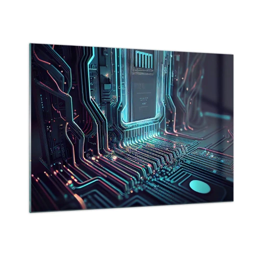 Obraz na szkle - Neonowa wizualizacja ścieżek procesora na czarnym tle - 100x70cm - Tak sobie myślę… - Nowoczesna dekoracja ścienna do salonu, kuchni i sypialni ARTTOR