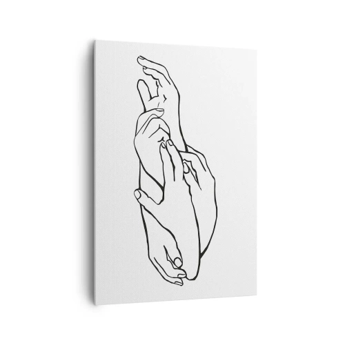Obraz na płótnie - Minimalistyczny szkic dłoni splecionych w geście delikatności - 70x100cm - Dobry dotyk - Nowoczesna dekoracja ścienna do salonu i sypialni ARTTOR