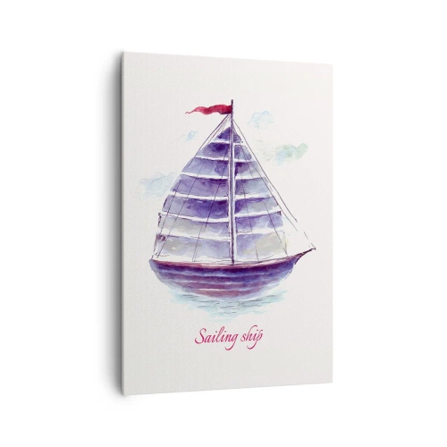 Obraz na płótnie - Akwarelowy obraz żaglówki na wodzie z delikatnym napisem - 70x100cm - Pełnych żagli i spokojnej wody - Nowoczesna dekoracja ścienna do salonu i sypialni ARTTOR