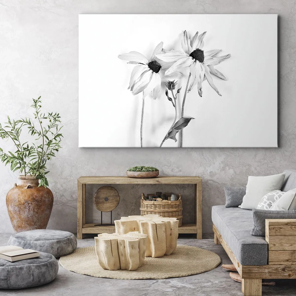 Obraz na płótnie - Czarno-białe kwiaty o subtelnej kompozycji - 70x50cm - Nikt nie chce być sam - Nowoczesna dekoracja ścienna do salonu i sypialni ARTTOR