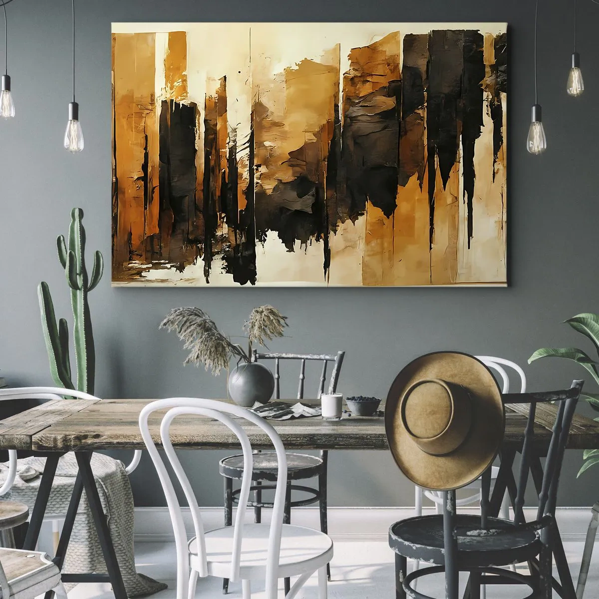 Obraz na płótnie - Abstrakcyjne złote i czarne pasy w artystycznej kompozycji - 70x50cm - Harmonia czerni i złota - Nowoczesna dekoracja ścienna do salonu i sypialni ARTTOR