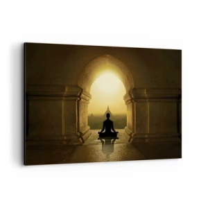 Obraz na płótnie - Sylwetka medytującej osoby w świetle zachodzącego słońca - 120x80cm - Pełna harmonia - Nowoczesna dekoracja ścienna do salonu, kuchni i sypialni ARTTOR
