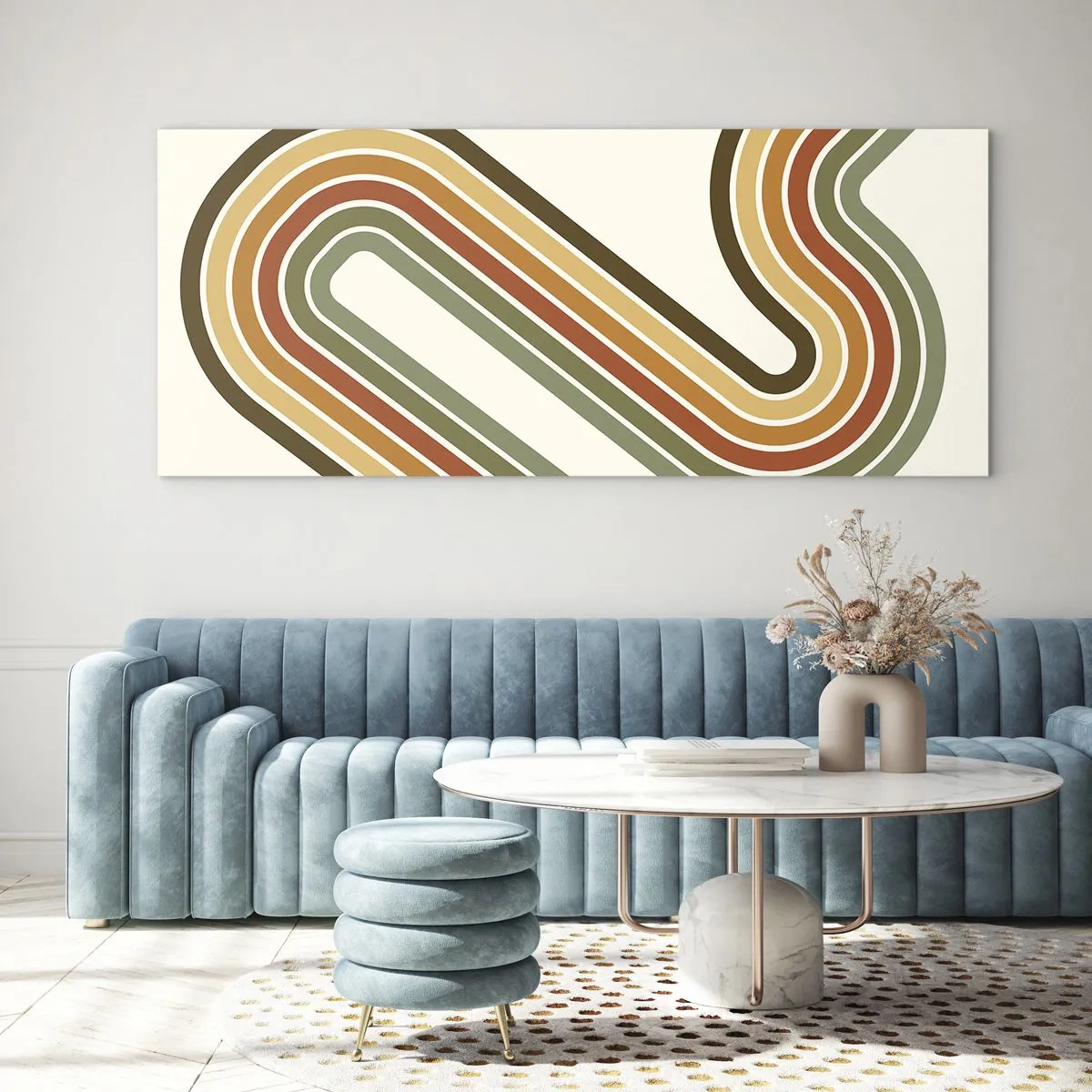 Obraz na szkle - Geometryczny wzór w odcieniach zieleni, pomarańczu i beżu na jasnym tle - 140x50cm - Zygzakiem do celu - Nowoczesna dekoracja ścienna do salonu i sypialni ARTTOR