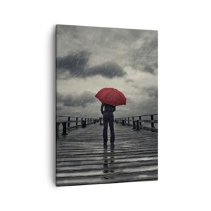 Obraz na płótnie - Postać z czerwonym parasolem na deszczowym pomoście - 50x70cm - To nic, że pada - Nowoczesna dekoracja ścienna do salonu, kuchni i sypialni ARTTOR