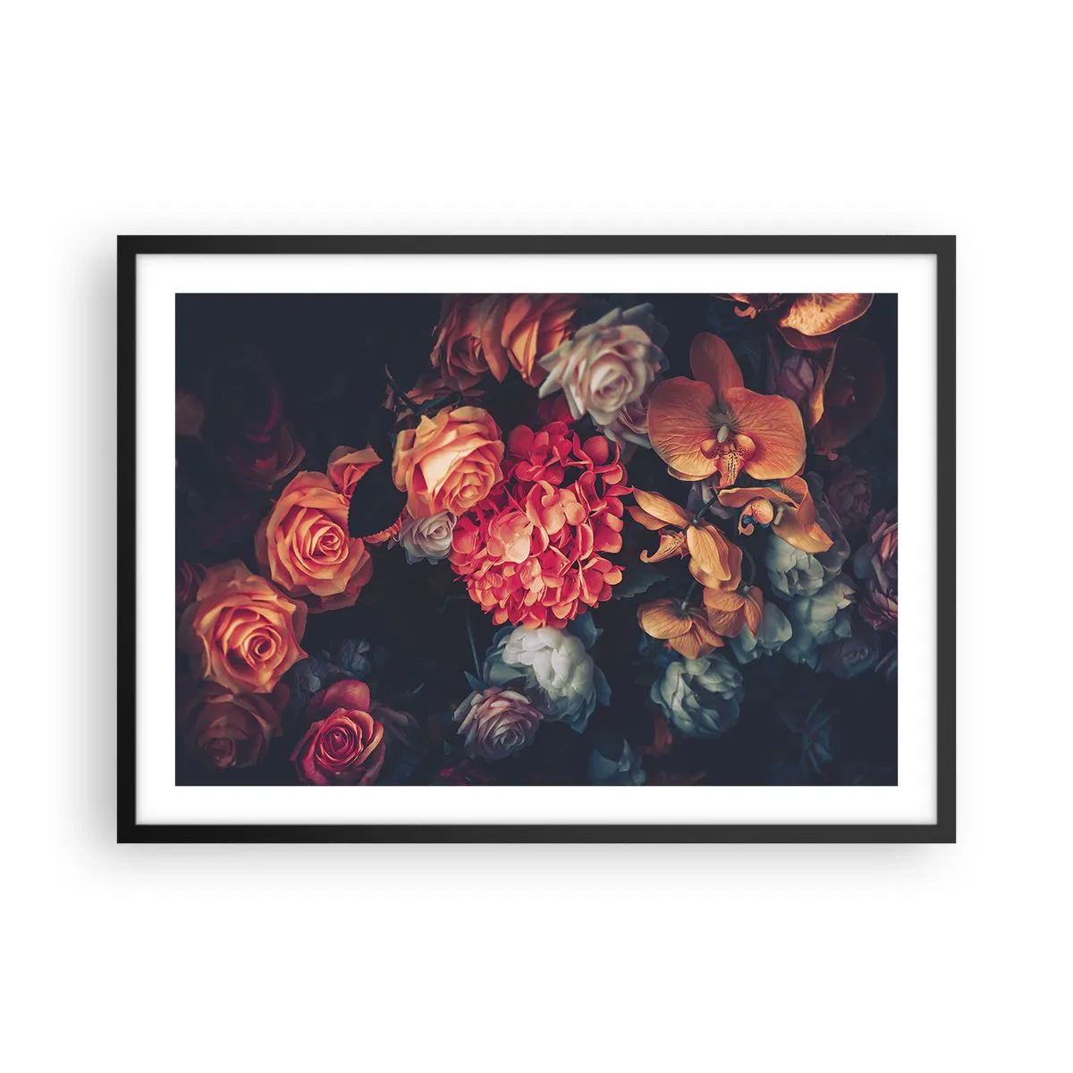 Plakat w czarnej ramie - Bukiet różnorodnych kwiatów w ciemnej tonacji - 70x50cm - Jak u holenderskich mistrzów - Nowoczesna dekoracja ścienna do salonu i sypialni ARTTOR