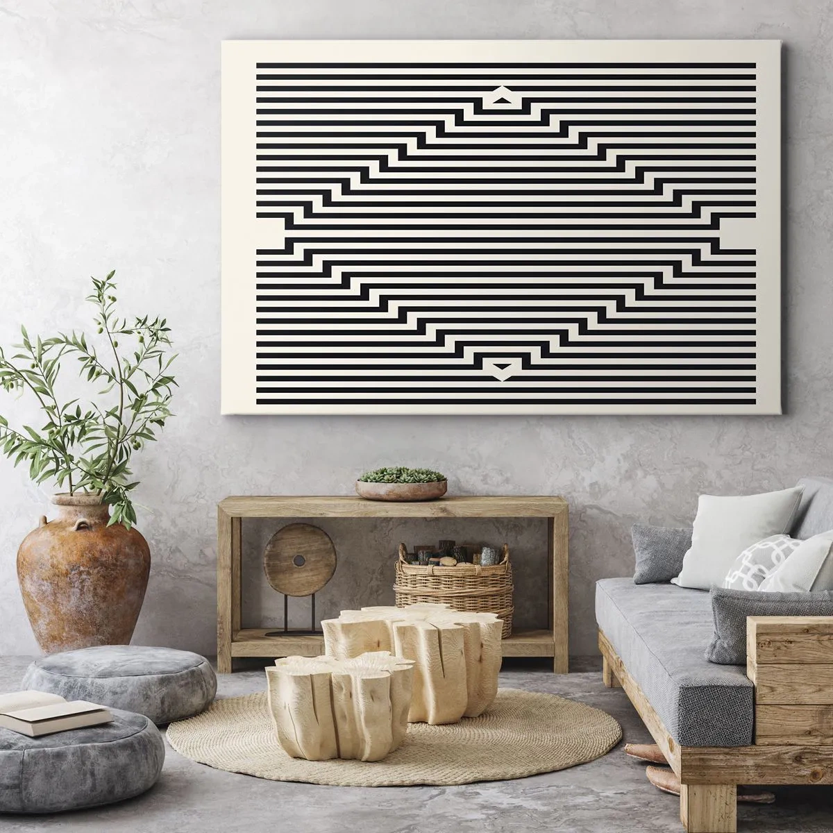 Obraz na płótnie - Czarno-białe linie tworzące efekt geometrycznej iluzji - 70x50cm - Geometryczna iluzja - Nowoczesna dekoracja ścienna do salonu i sypialni ARTTOR
