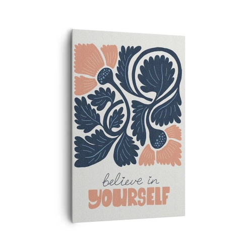 Obraz na płótnie - Stylizowane kwiaty w granatowo-pomarańczowych barwach z inspirującym napisem - 80x120cm - I ty rozkwitaj - Nowoczesna dekoracja ścienna do salonu i sypialni ARTTOR