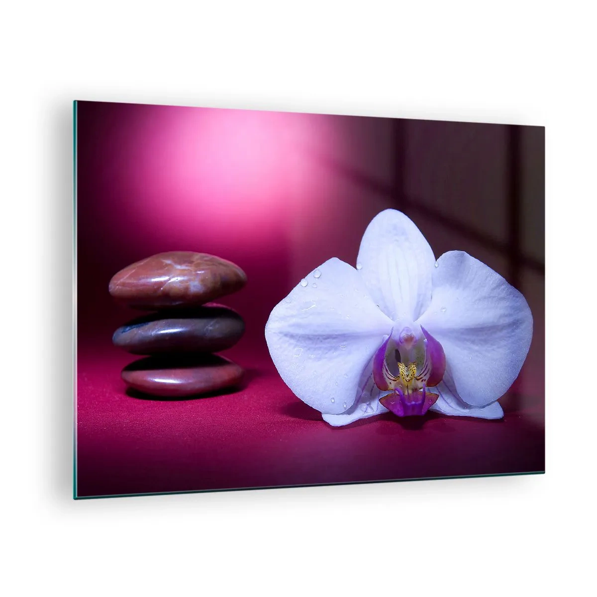 Obraz na szkle - Biała orchidea i kamienie na tle fioletowego światła - 70x50cm - Studium świeżości w fiolecie - Nowoczesna dekoracja ścienna do salonu i sypialni ARTTOR
