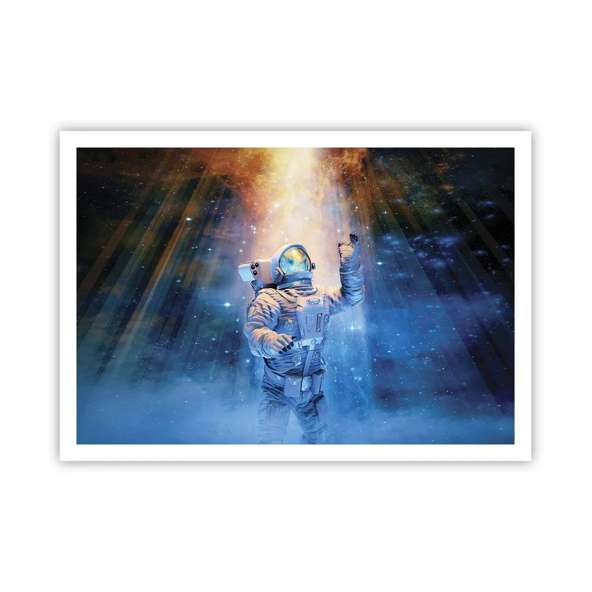 Plakat - Astronauta w świetle kosmicznej eksplozji pełnej gwiazd - 100x70cm - Wreszcie u celu - Nowoczesna dekoracja ścienna do salonu i sypialni ARTTOR