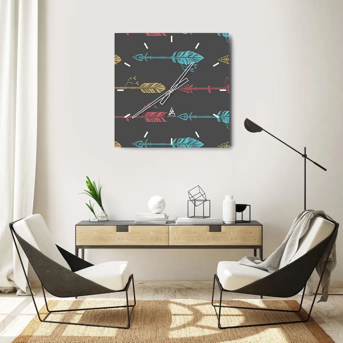 Zegar ścienny - Stylizowany wzór strzał w pastelowych kolorach na ciemnym tle - 30x30cm - W ordynku - Nowoczesna dekoracja ścienna do salonu i sypialni ARTTOR