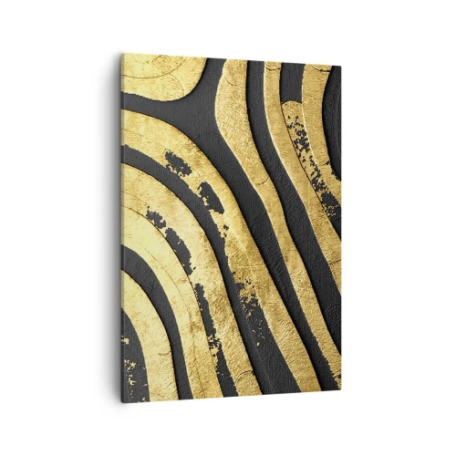 Obraz na płótnie - Abstrakcyjna kompozycja złotych i czarnych fal w stylu glamour - 50x70cm - Wszystko płynie - Nowoczesna dekoracja ścienna do salonu, kuchni i sypialni ARTTOR