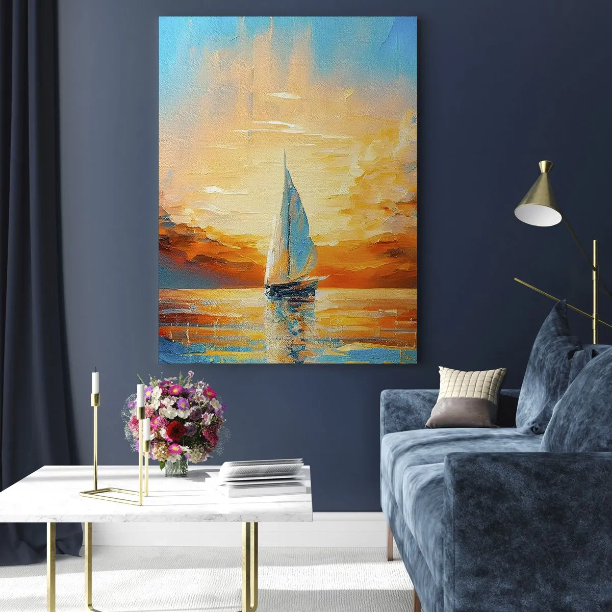 Obraz na szkle - Żaglówka na morzu w świetle zachodzącego słońca - 50x70cm - Żegluga w złocie - Nowoczesna dekoracja ścienna do salonu, kuchni i sypialni ARTTOR