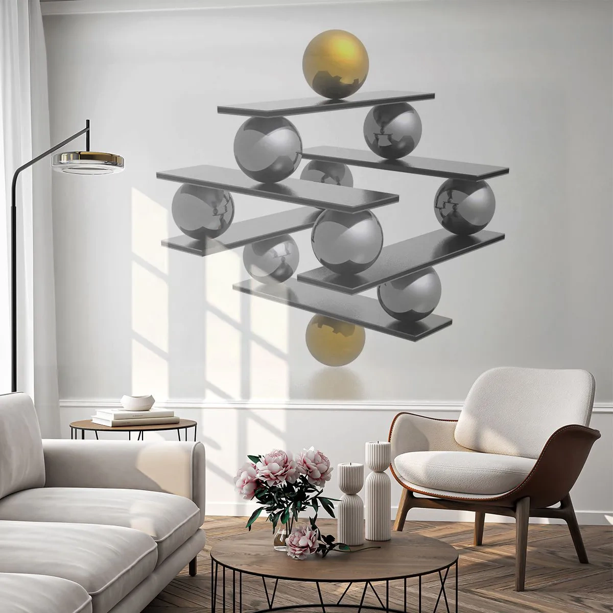 Fototapeta Premium Canvas - Złoto-srebrna równowaga - Abstrakcja, Metalowe Kulki, 3D - 250x175 cm