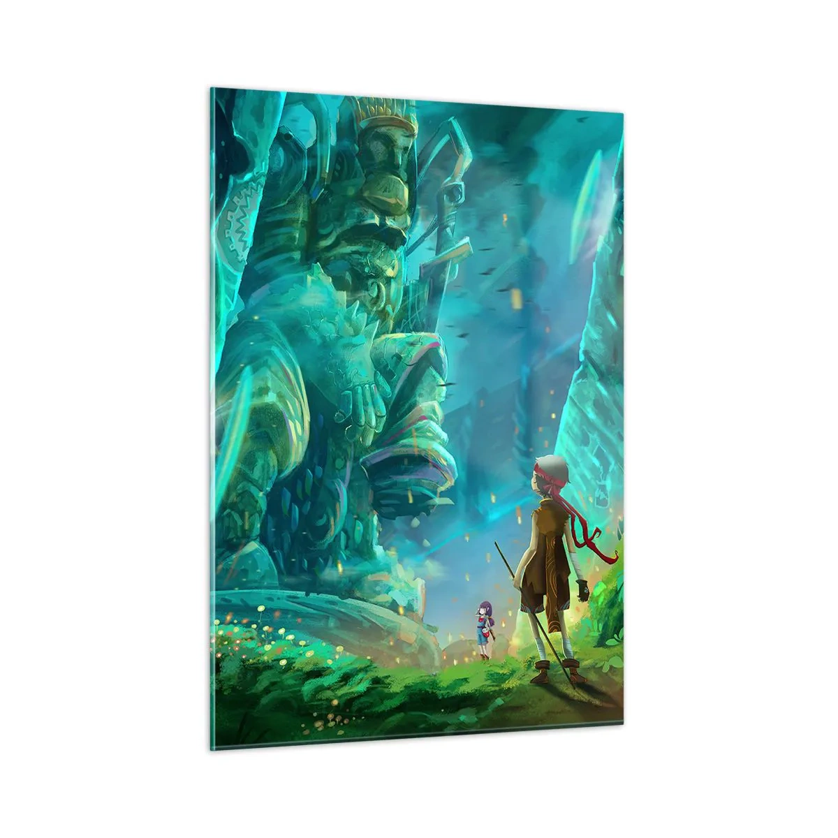 Obraz na szkle - Fantastyczny krajobraz z postacią i starożytnym posągiem w lesie - 50x70cm - Z wielkiej Księgi Baśni - Nowoczesna dekoracja ścienna do salonu, kuchni i sypialni ARTTOR