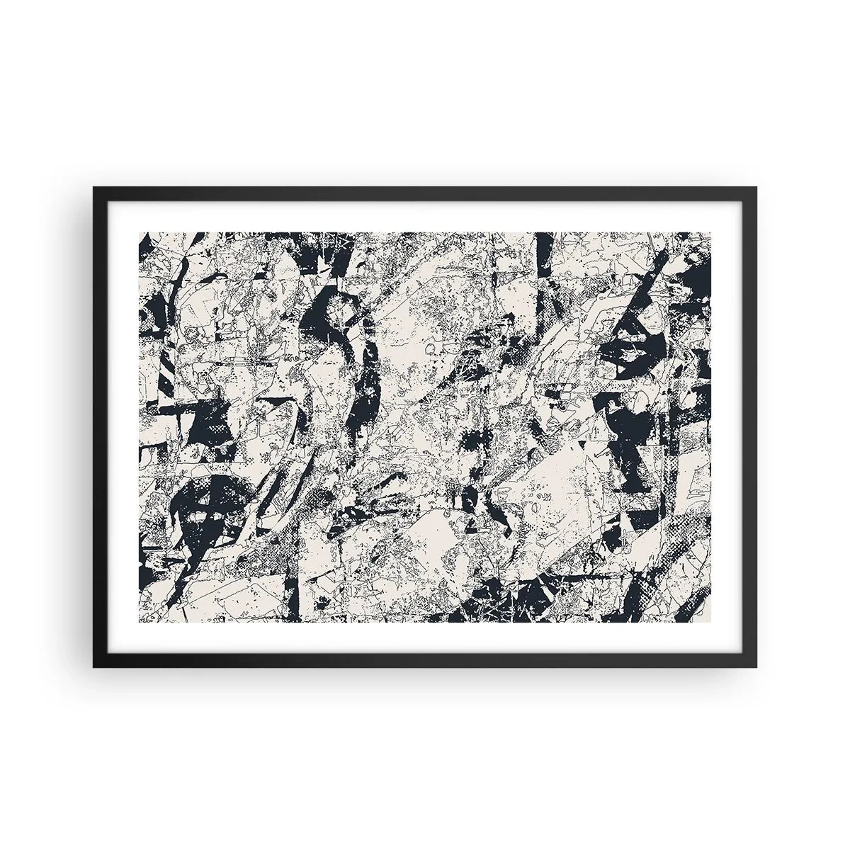 Plakat w czarnej ramie - Abstrakcyjna kompozycja w czerni i bieli z dynamicznym układem - 70x50cm - Przenikanie przeciwieństw - Nowoczesna dekoracja ścienna do salonu i sypialni ARTTOR