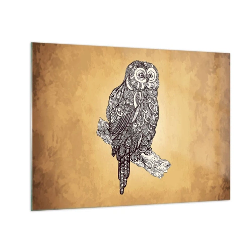 Obraz na szkle - Sowa w ornamentowym stylu na tle w kolorze sepii - 70x50cm - Misterne ornamenty mądrości - Nowoczesna dekoracja ścienna do salonu i sypialni ARTTOR