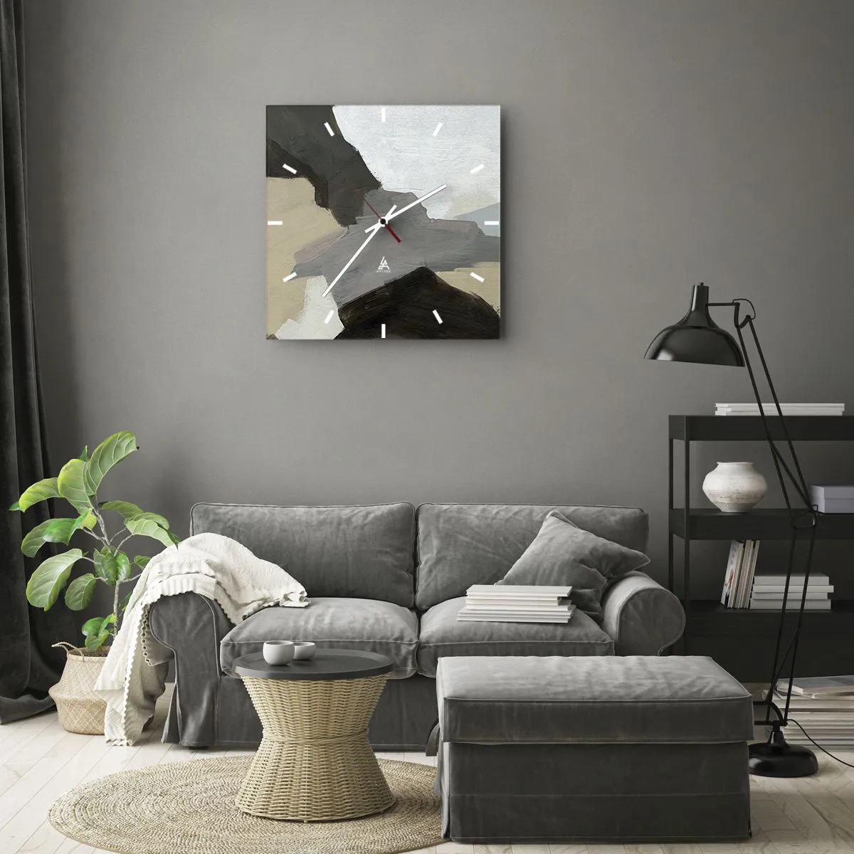Zegar ścienny - Abstrakcyjne formy w odcieniach beżu, brązu i szarości - 30x30cm - Abstrakcja: rozstaje szarości - Nowoczesna dekoracja ścienna do salonu i sypialni ARTTOR