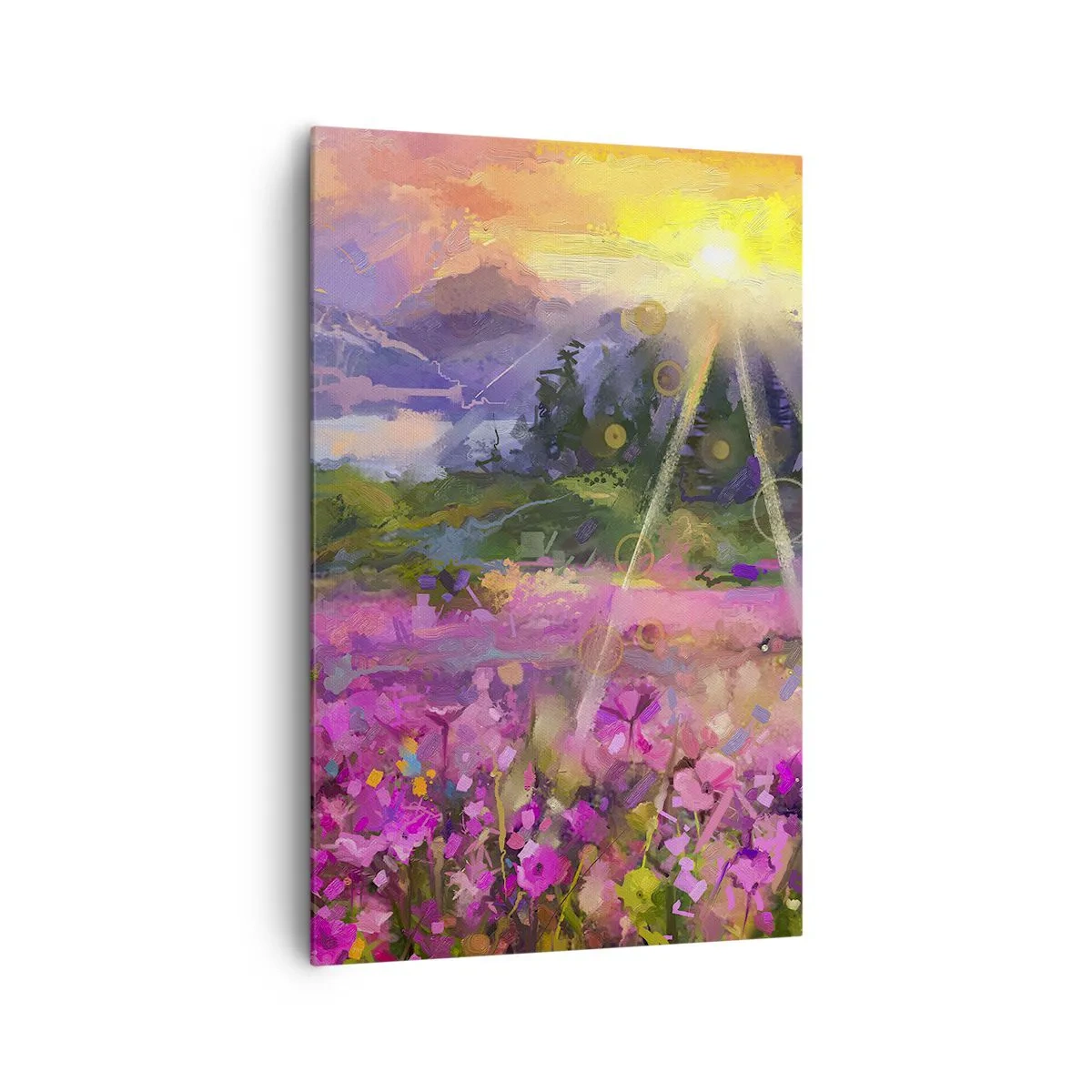 Obraz na płótnie - Malownicza łąka w promieniach zachodzącego słońca - 80x120cm - W dolinie pod opieką słońca - Nowoczesna dekoracja ścienna do salonu i sypialni ARTTOR