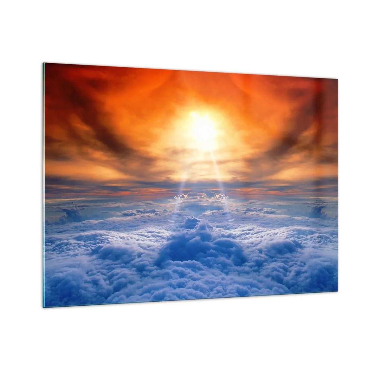 Obraz na szkle - Chmury oświetlone promieniami zachodzącego słońca - 100x70cm - Pejzaż mistyczny - Nowoczesna dekoracja ścienna do salonu, kuchni i sypialni ARTTOR