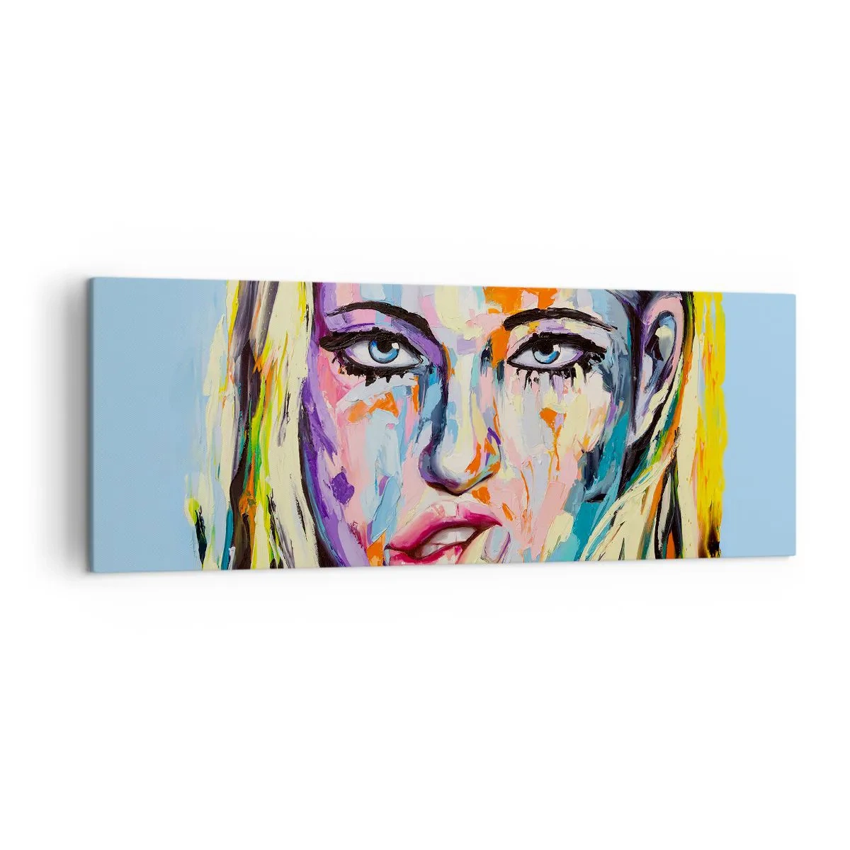 Obraz na płótnie - Kolorowy portret kobiety w stylu abstrakcyjnym - 140x50cm - Spójrz jej prosto w oczy - Nowoczesna dekoracja ścienna do salonu i sypialni ARTTOR