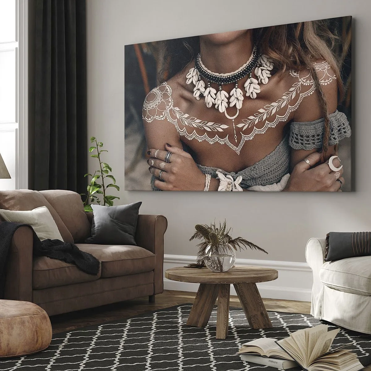 Obraz na płótnie - Styl boho z biżuterią z muszli i koronkowym wzorem - 70x50cm - Talizmany, rytuały kobiecości - Nowoczesna dekoracja ścienna do salonu i sypialni ARTTOR