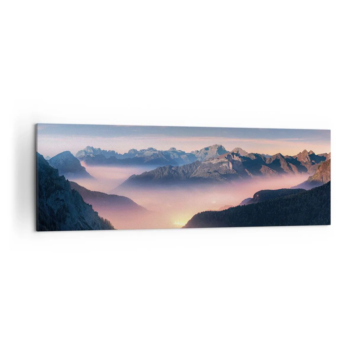 Obraz na płótnie - Górski krajobraz z doliną wypełnioną mgłą - 160x50cm - Światło w dolinach - Nowoczesna dekoracja ścienna do salonu i sypialni ARTTOR