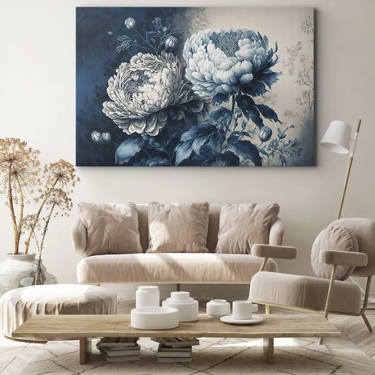 Obraz na płótnie - Niebieskie piwonie na subtelnym tle z delikatnym wzorem - 70x50cm - Dobrana para - Nowoczesna dekoracja ścienna do salonu i sypialni ARTTOR