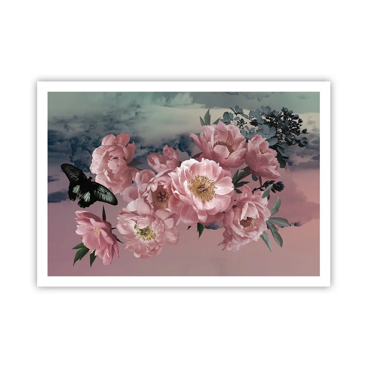Plakat - Różowe piwonie z motylem na pastelowym tle - 100x70cm - Szczyt romantyzmu - Nowoczesna dekoracja ścienna do salonu i sypialni ARTTOR