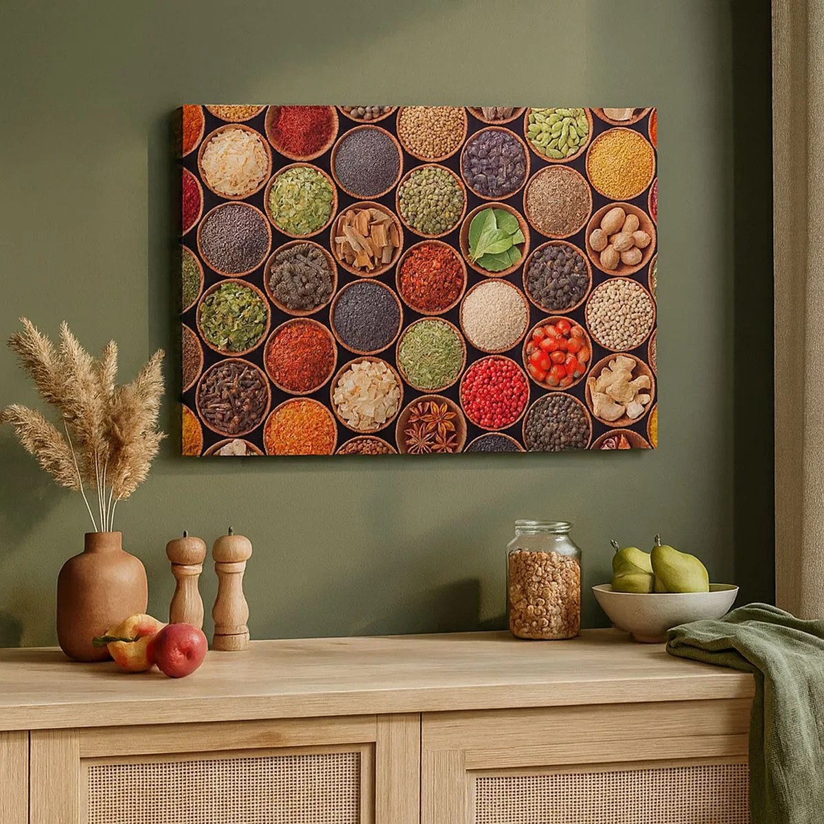Obraz na płótnie - Kolorowe przyprawy w okrągłych pojemnikach - 70x50cm - Wszystkie smaki świata - Nowoczesna dekoracja ścienna do salonu i sypialni ARTTOR