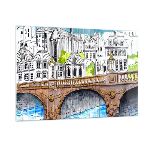 Obraz na szkle - Most i architektura miejskiej zabudowy w formie szkicu akwarelowego - 120x80cm - Miasto jak malowane - Nowoczesna dekoracja ścienna do salonu, kuchni i sypialni ARTTOR