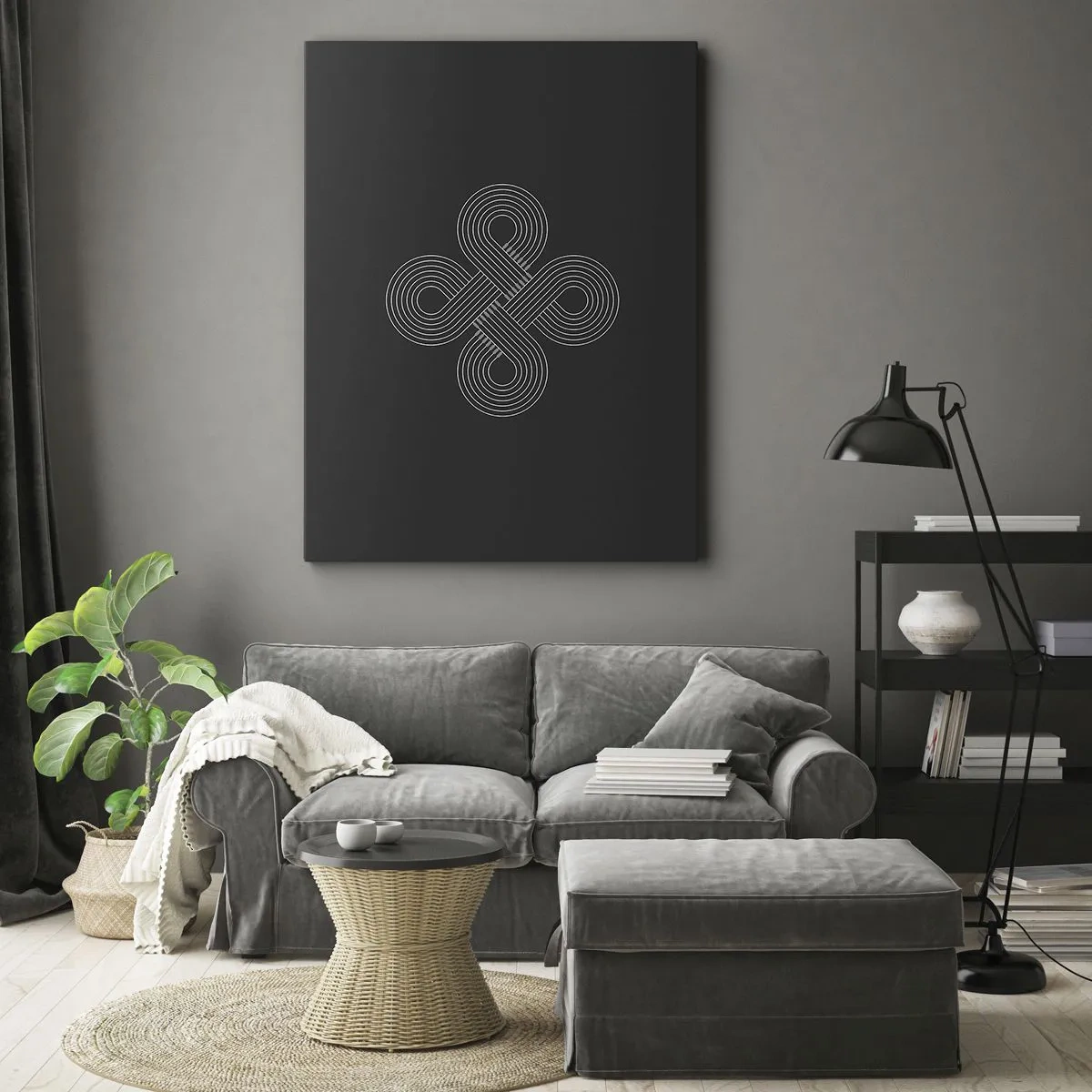 Obraz na płótnie - Minimalistyczny biały wzór inspirowany celtyckim motywem na czarnym tle - 50x70cm - W duchu celtyckim - Nowoczesna dekoracja ścienna do salonu, kuchni i sypialni ARTTOR