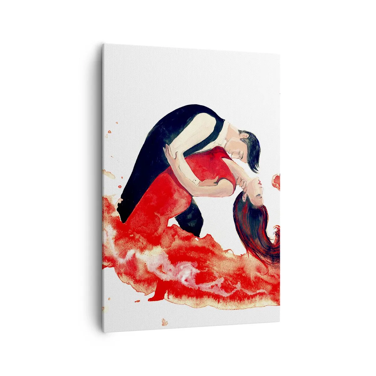 Obraz na płótnie - Dynamiczna akwarela tańczącej pary w czerwonych barwach - 70x100cm - Tango - zmysłowa fala - Nowoczesna dekoracja ścienna do salonu i sypialni ARTTOR
