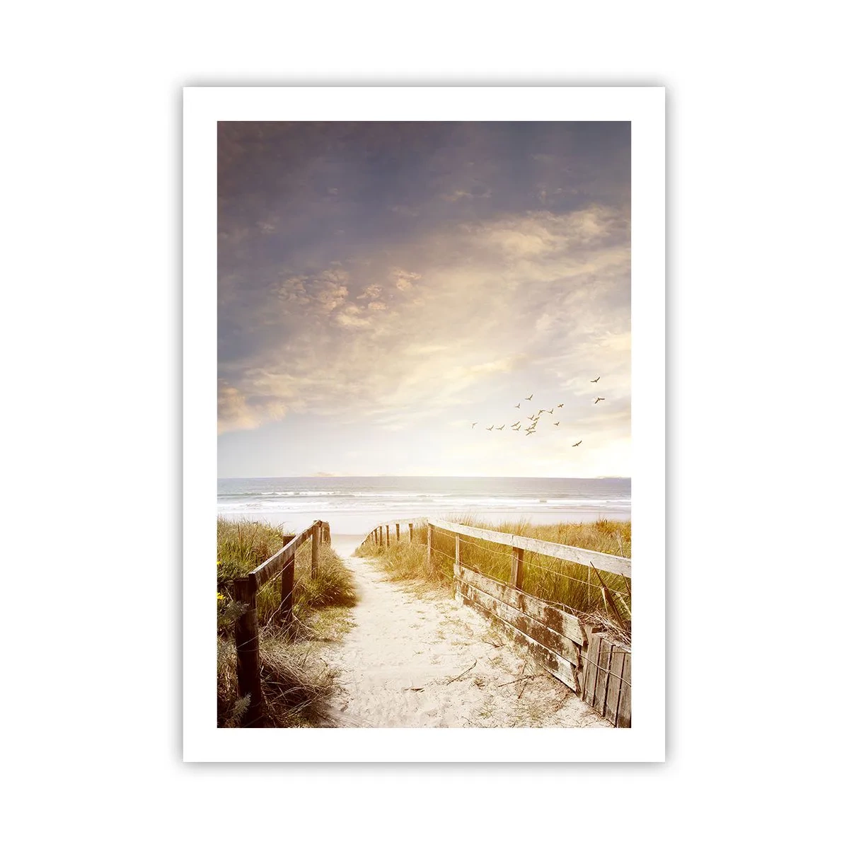 Plakat - Ścieżka na plażę o zachodzie słońca z przelatującymi ptakami - 50x70cm - Przestrzeń spokoju - Nowoczesna dekoracja ścienna do salonu, kuchni i sypialni ARTTOR