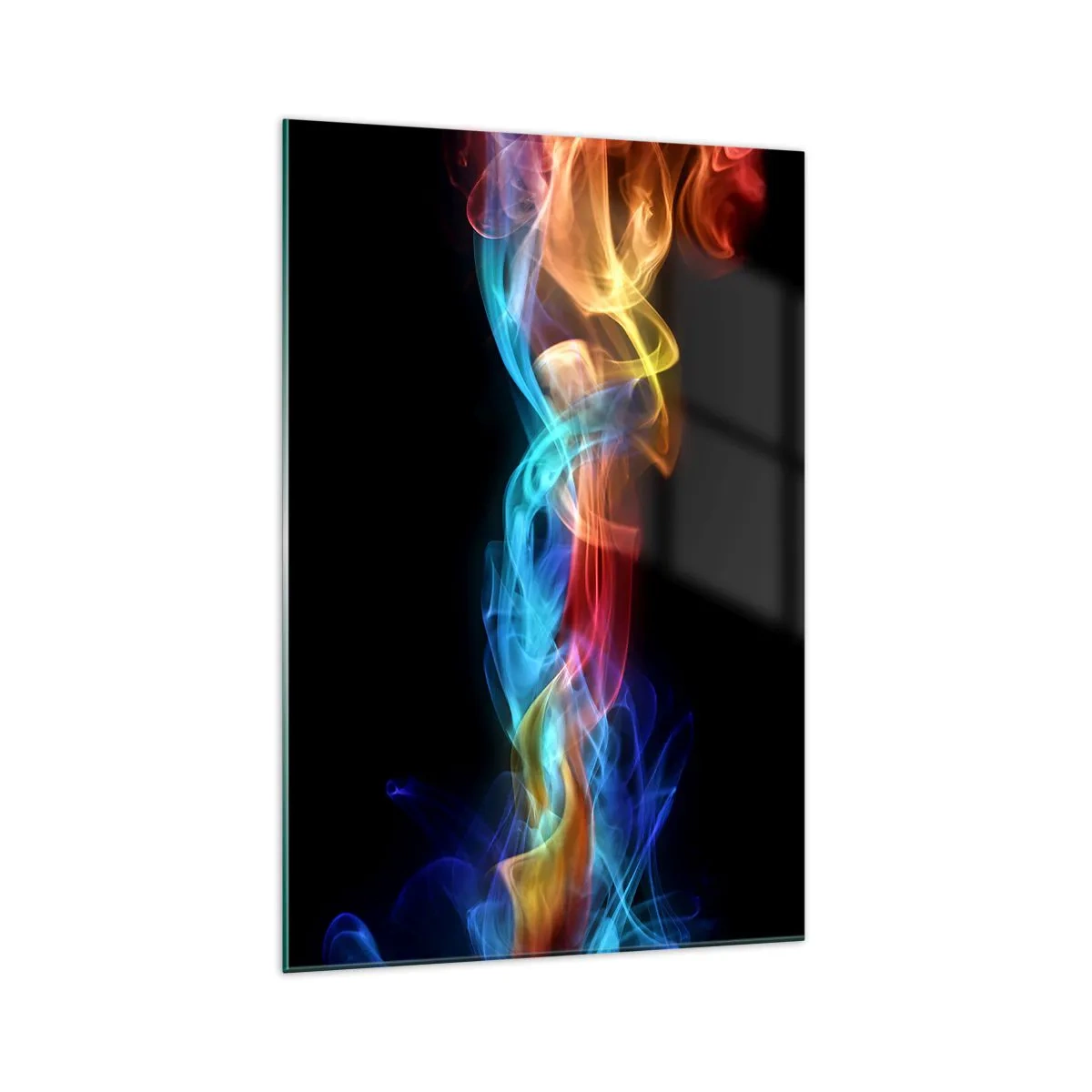 Obraz na szkle - Kolorowy dym na czarnym tle - 70x100cm - Tęczowy taniec mgieł - Nowoczesna dekoracja ścienna do salonu i sypialni ARTTOR