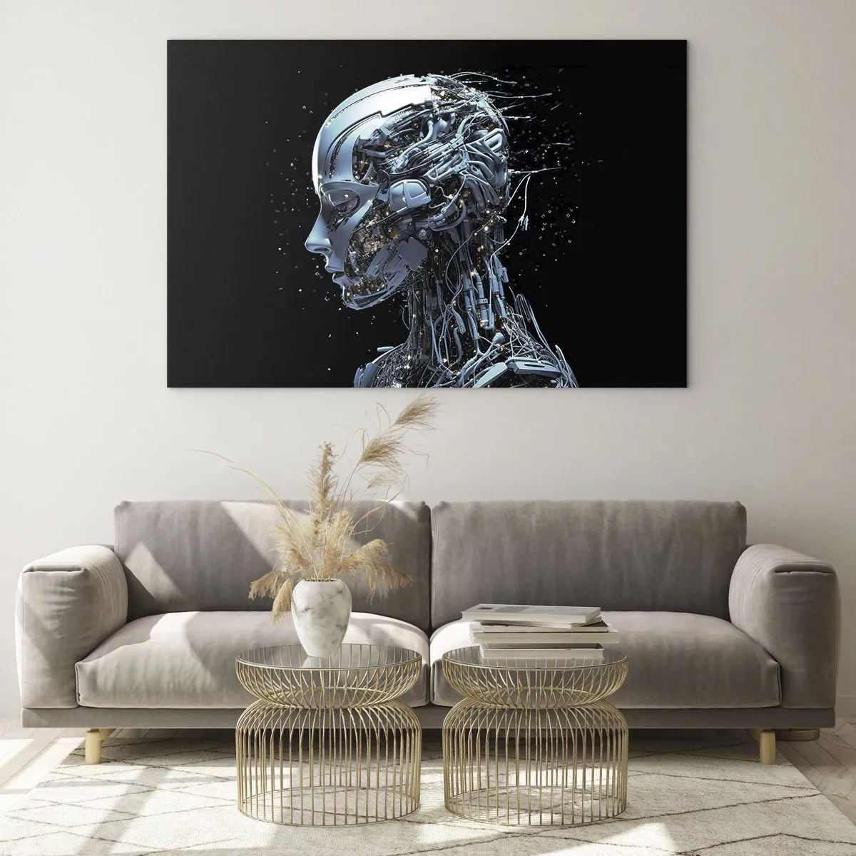 Obraz na szkle - Profil kobiecego robota z przewodami i mechanizmami - 70x50cm - Technologia jest kobietą - Nowoczesna dekoracja ścienna do salonu i sypialni ARTTOR