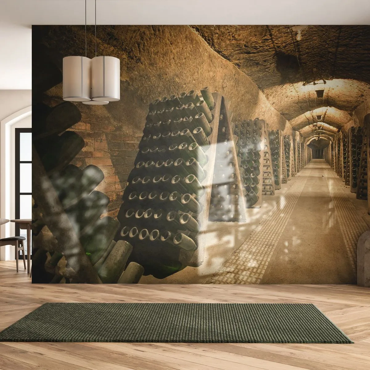 Fototapeta Premium Sand - Zabytkowa piwnica z leżakującymi butelkami wina - 100x70cm - Narodziny smaku - Nowoczesna dekoracja ścienna do salonu, kuchni i sypialni ARTTOR