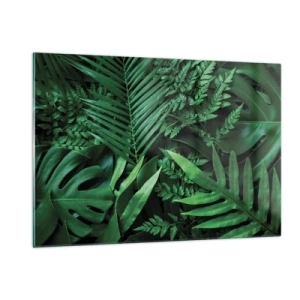 Obraz na szkle - Gęste zielone liście tropikalnych roślin w kompozycji - 120x80cm - Utulone w zieleni - Nowoczesna dekoracja ścienna do salonu, kuchni i sypialni ARTTOR