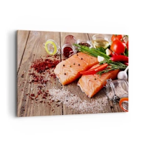 Obraz na płótnie - Filety łososia z przyprawami na drewnianym tle - 120x80cm - Norweska przygoda w kuchni - Nowoczesna dekoracja ścienna do salonu, kuchni i sypialni ARTTOR