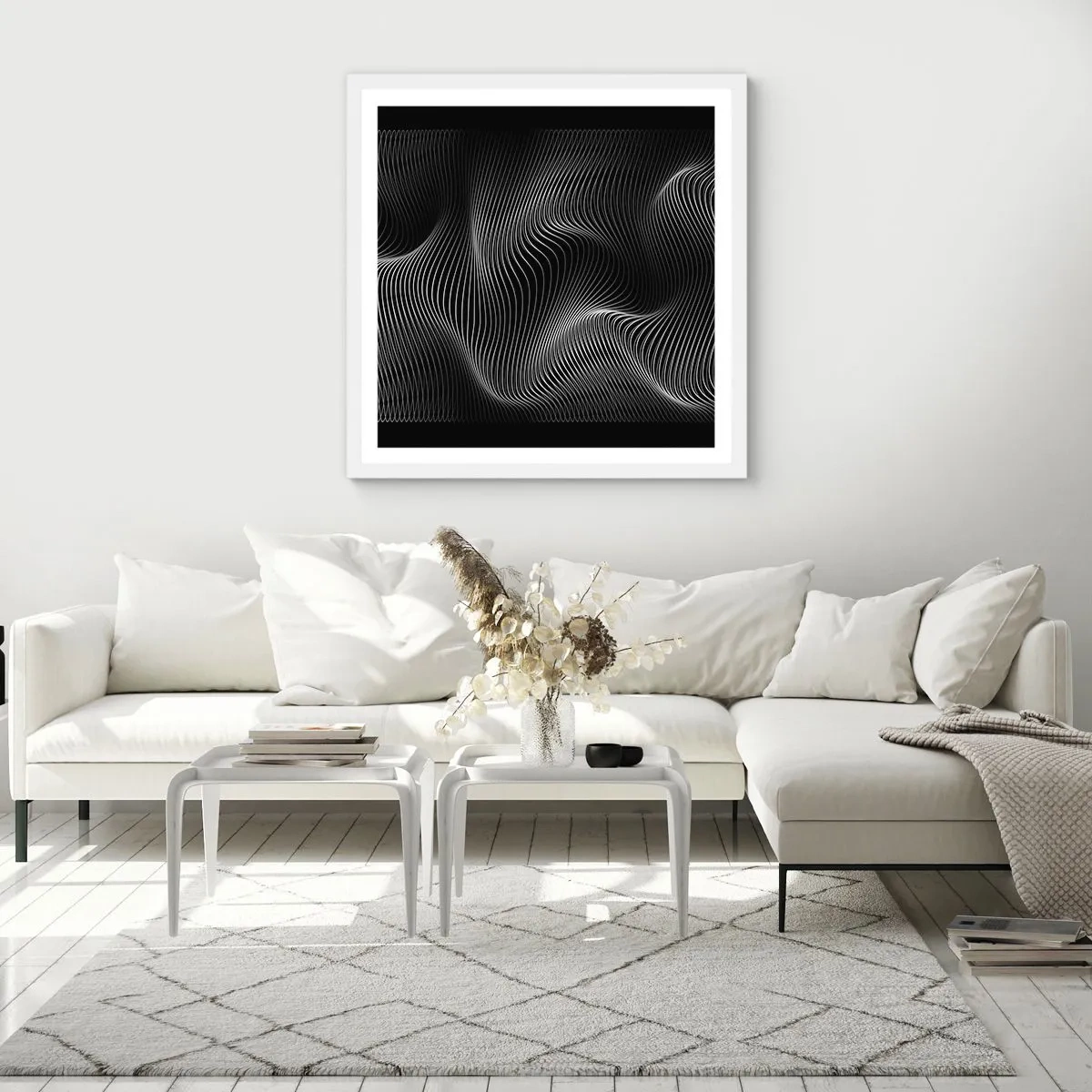 Plakat w białej ramie - Taniec światła w przestrzeni - 50x50 cm