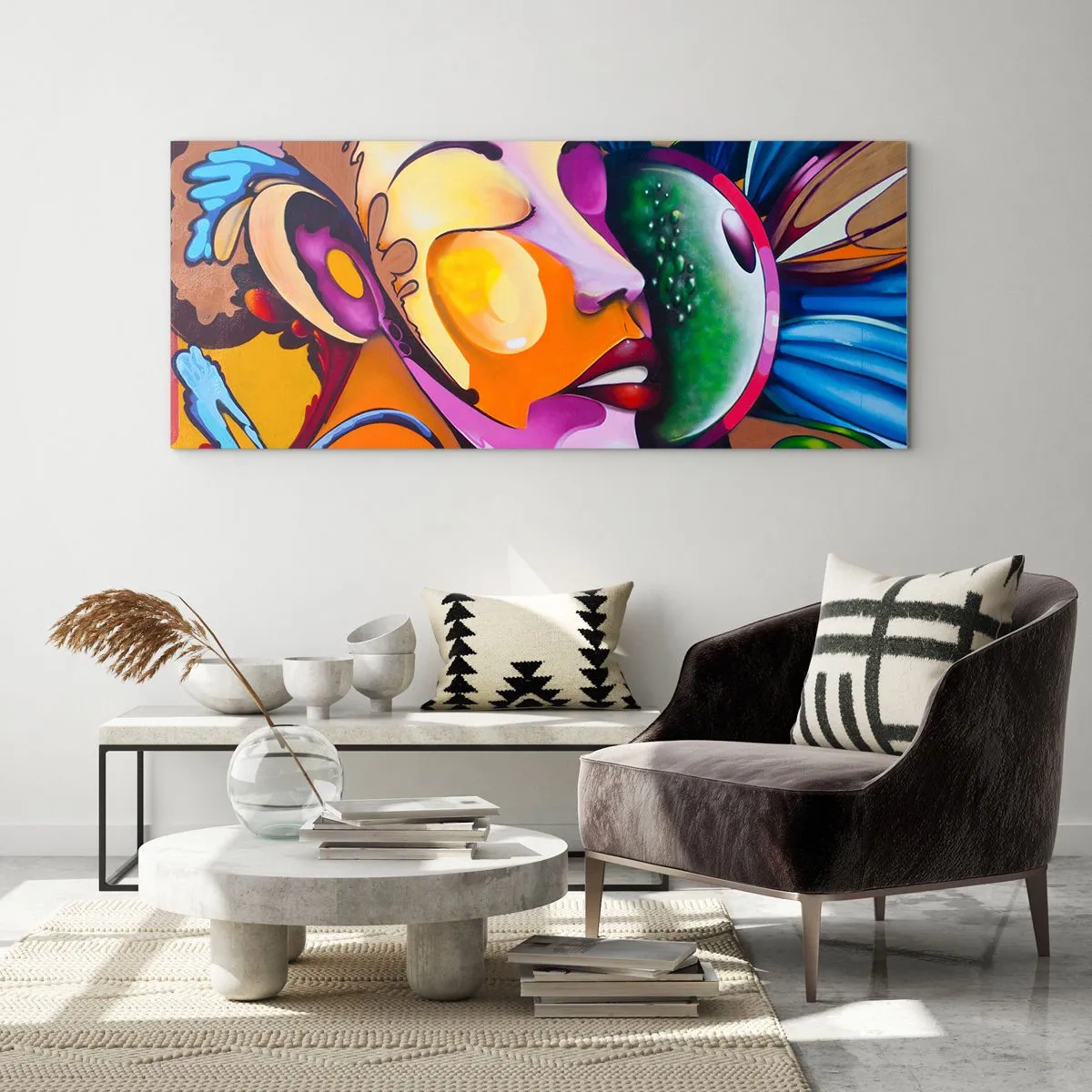 Obraz na szkle - Kolorowa abstrakcja z motywem twarzy w dynamicznej kompozycji - 120x50cm - Dotknąć kolorem - Nowoczesna dekoracja ścienna do salonu i sypialni ARTTOR
