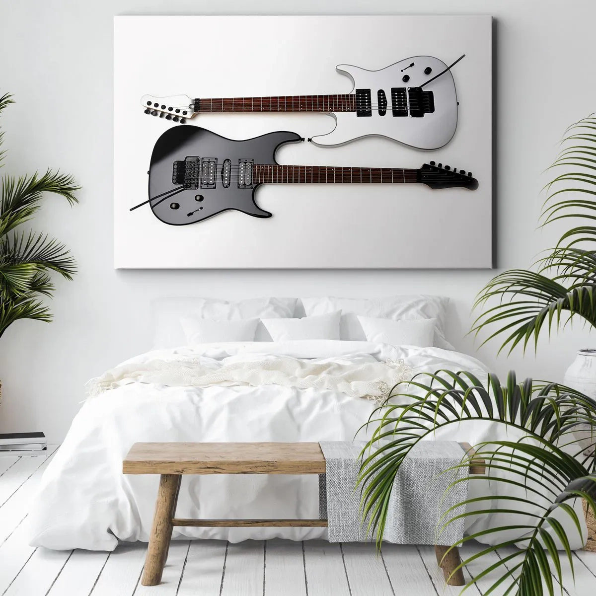 Obraz na płótnie - Dwie elektryczne gitary w czarno-białych kolorach na jasnym tle. - 70x50cm - Harmonia kształtów - Nowoczesna dekoracja ścienna do salonu i sypialni ARTTOR