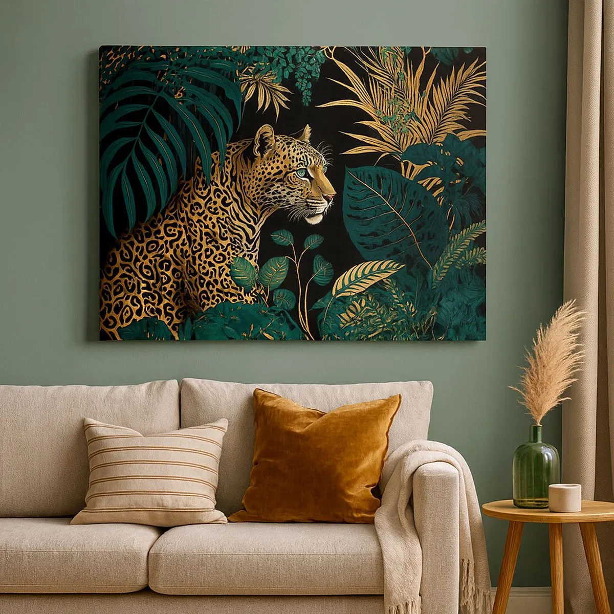 Obraz na płótnie - Leopard w tropikalnych liściach na czarnym tle - 70x50cm - Gospodarz w dżungli - Nowoczesna dekoracja ścienna do salonu i sypialni ARTTOR