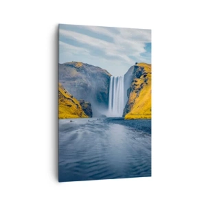 Obraz na płótnie - Wodospad otoczony żółtymi wzgórzami z jeziorem na pierwszym planie - 80x120cm - Wieczne trwanie, wieczny ruch - Nowoczesna dekoracja ścienna do salonu i sypialni ARTTOR