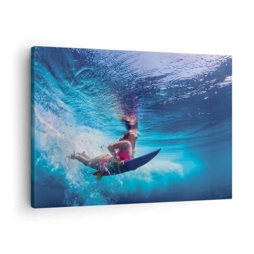 Obraz na płótnie - Surferka pod wodą w dynamicznej kompozycji w odcieniach błękitu - 70x50cm - Głębia radości - Nowoczesna dekoracja ścienna do salonu i sypialni ARTTOR