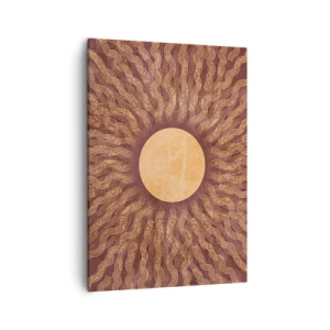Obraz na płótnie - Stylizowane słońce z promieniami w odcieniach brązu i złota na teksturowanym tle - 50x70cm - Ikona słońca - Nowoczesna dekoracja ścienna do salonu, kuchni i sypialni ARTTOR