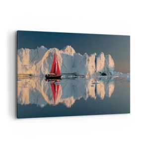 Obraz na płótnie - Żaglówka z czerwonym żaglem na tle lodowca - 120x80cm - Na krańcu świata - Nowoczesna dekoracja ścienna do salonu, kuchni i sypialni ARTTOR